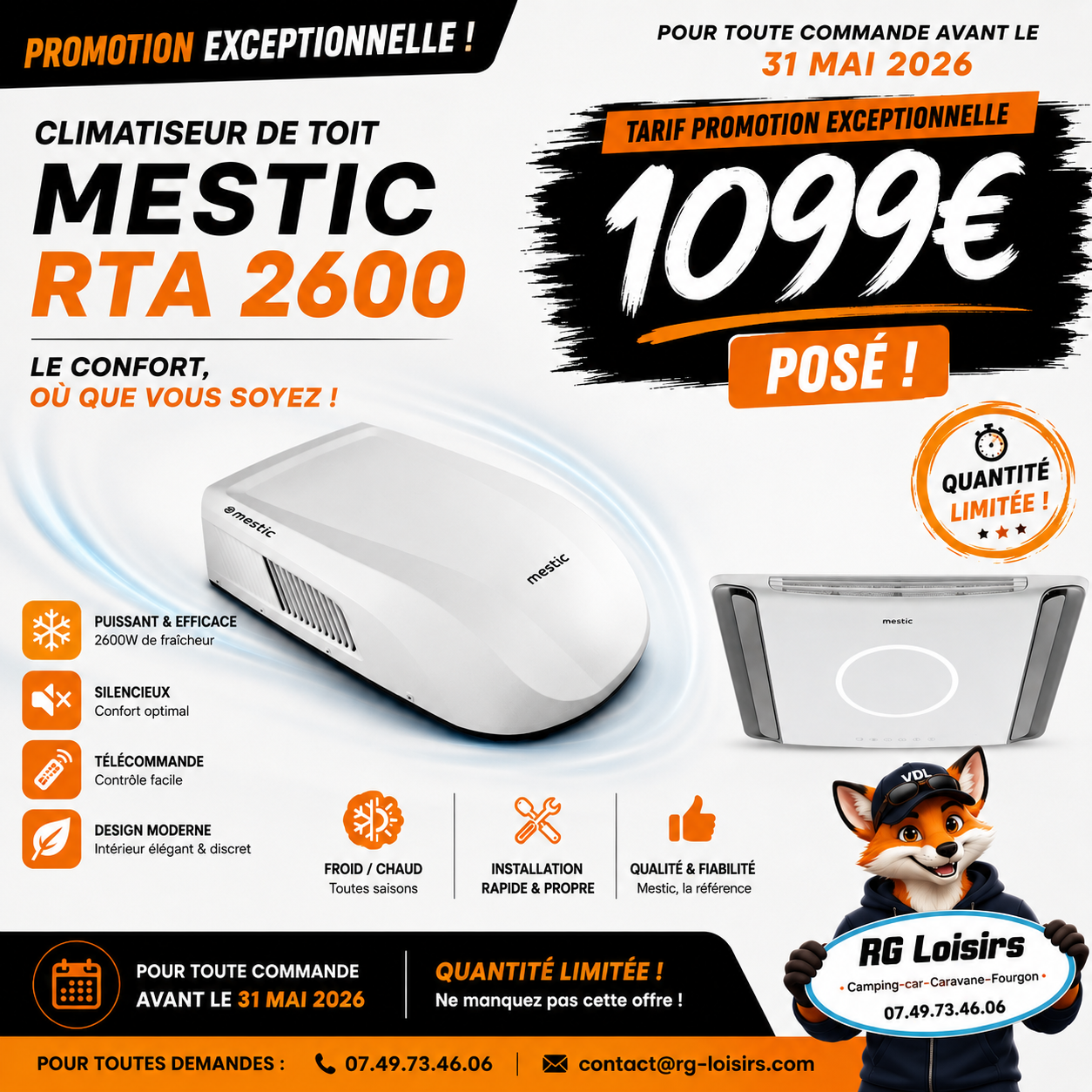 Promotion climatiseur de toit Mestic RTA 2600 posé par RG Loisirs