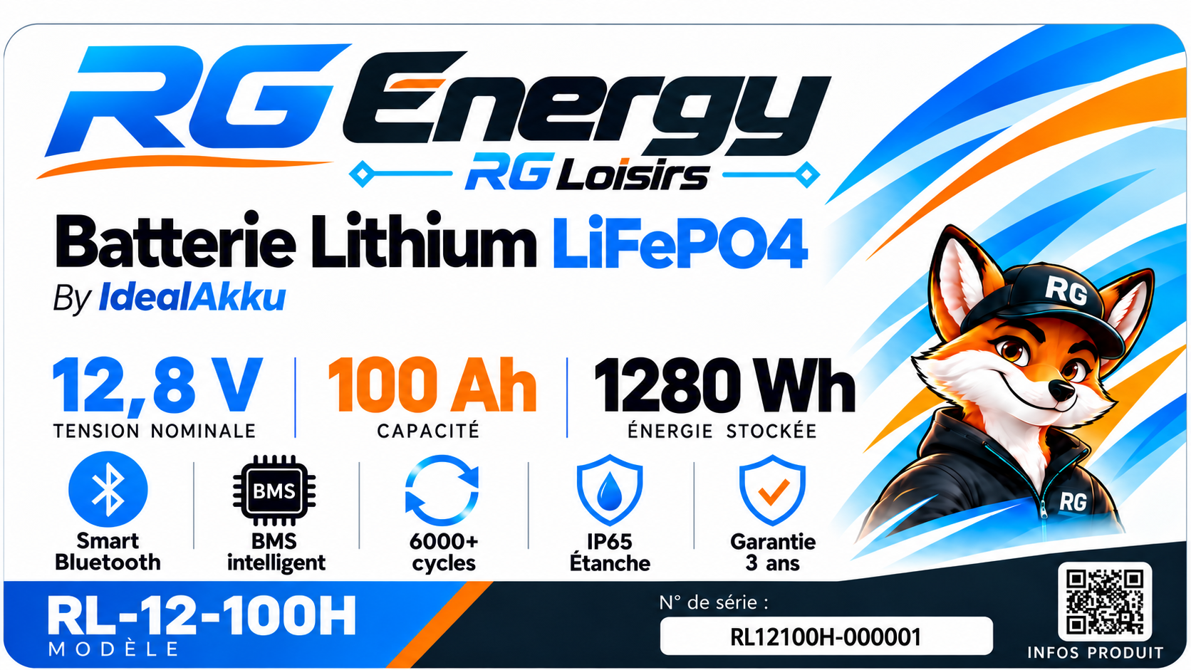 Identité de la batterie RG Energy RL-12-100H, 100 Ah et 1 280 Wh, avec le renard RG Loisirs