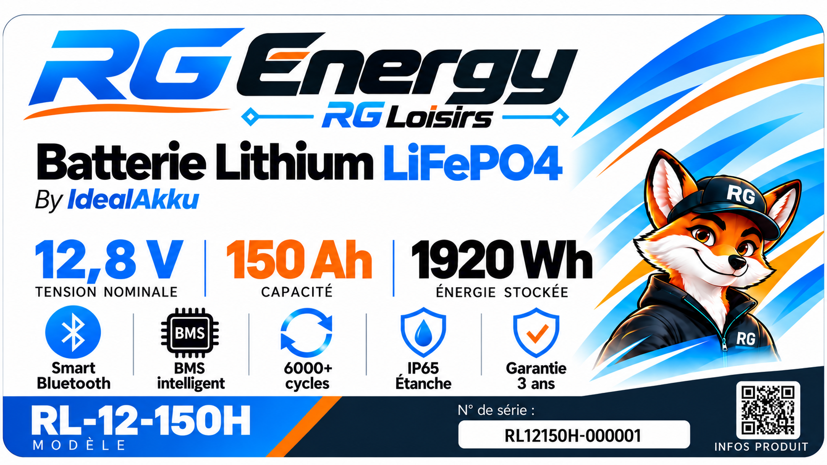 Étiquette RG Energy 150 Ah, référence RL-12-150H