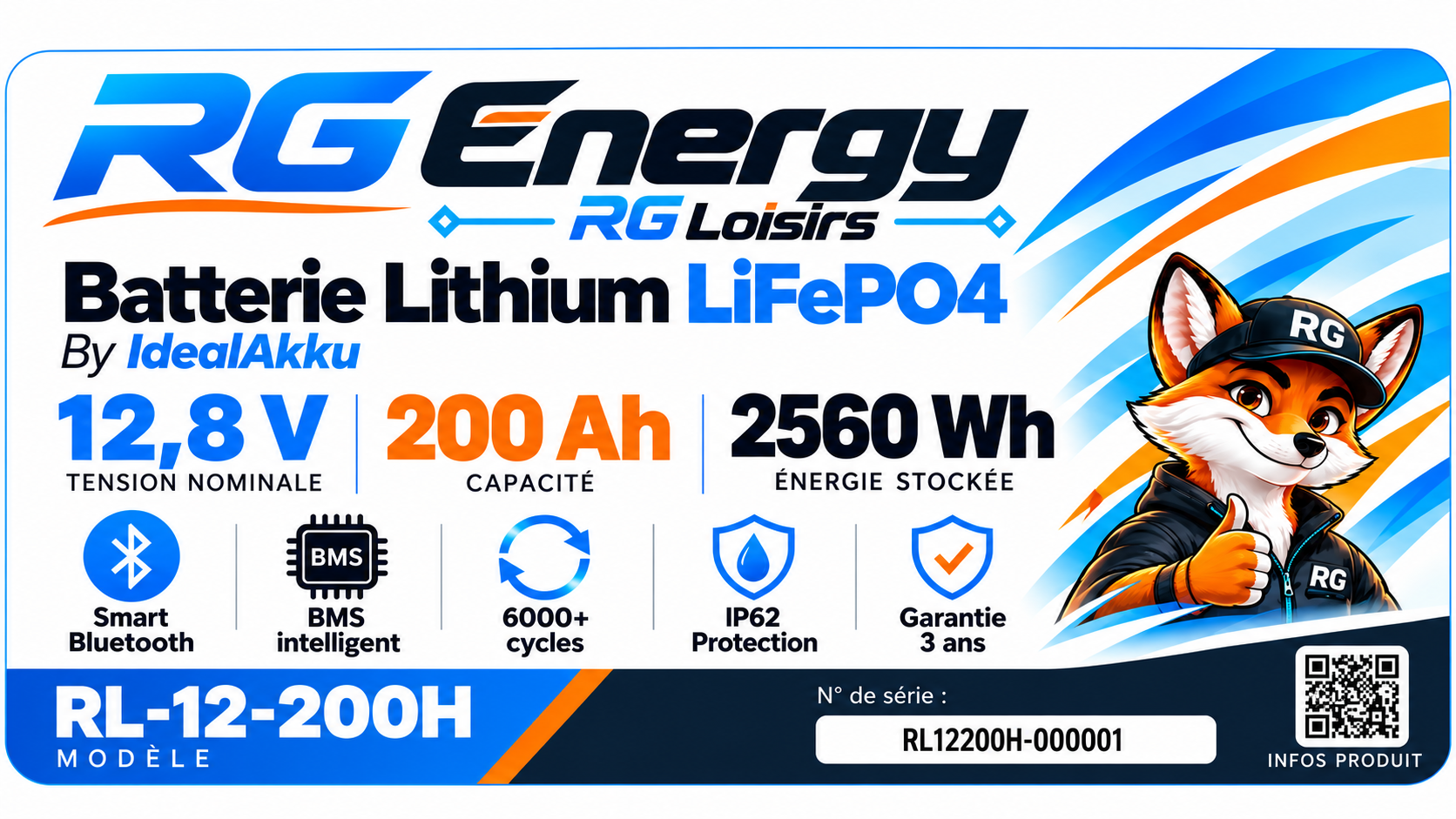 Étiquette RG Energy 200 Ah, référence RL-12-200H